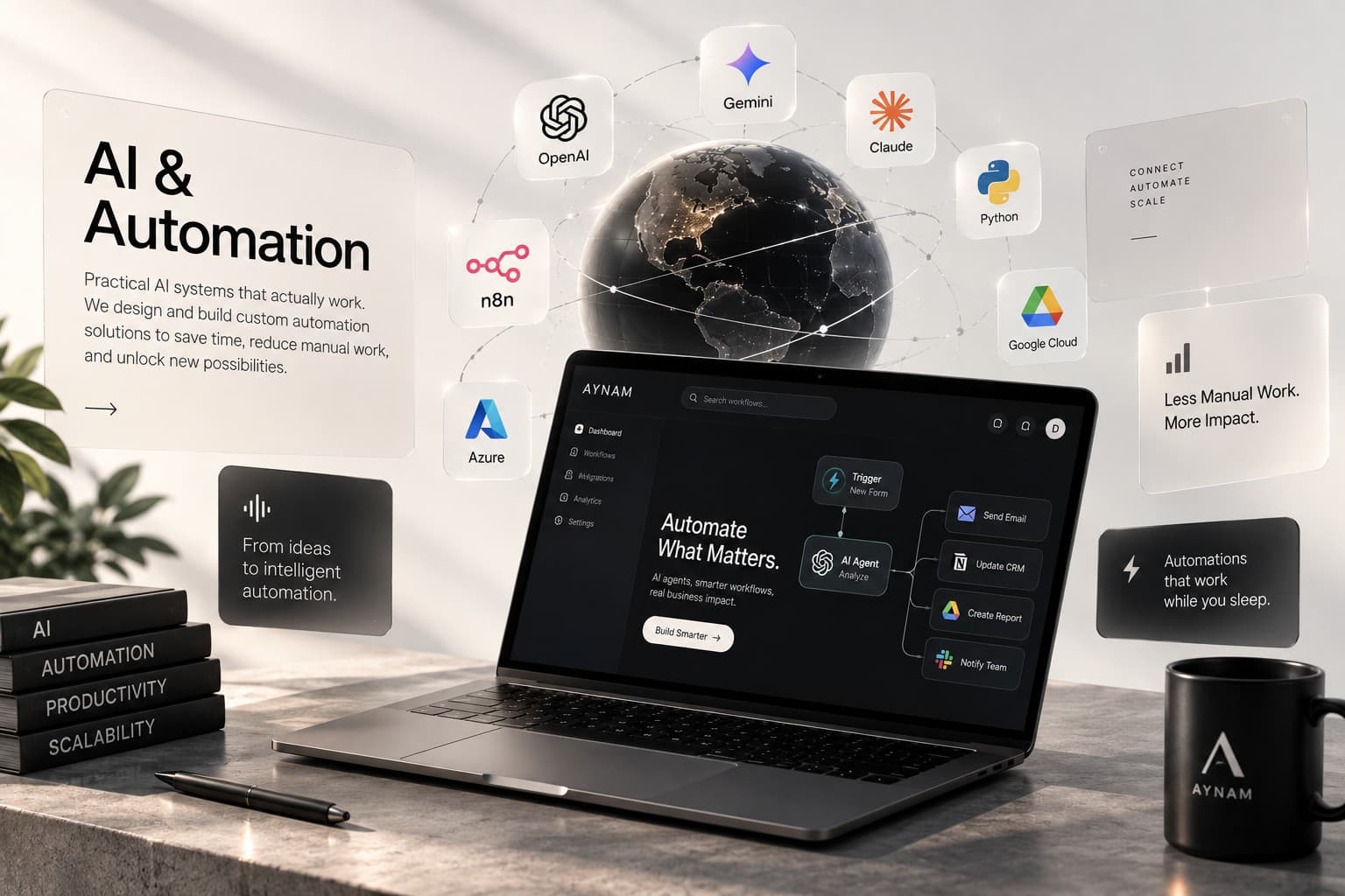 AI and automation workspace — a laptop showing workflow interfaces and processing steps