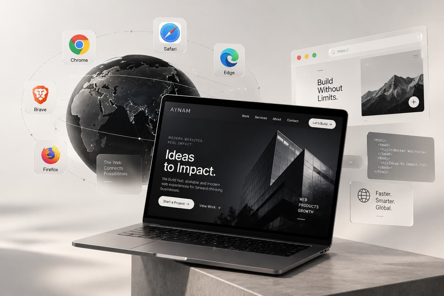 Web development workspace — a laptop showing a product interface beside browser windows and design notes